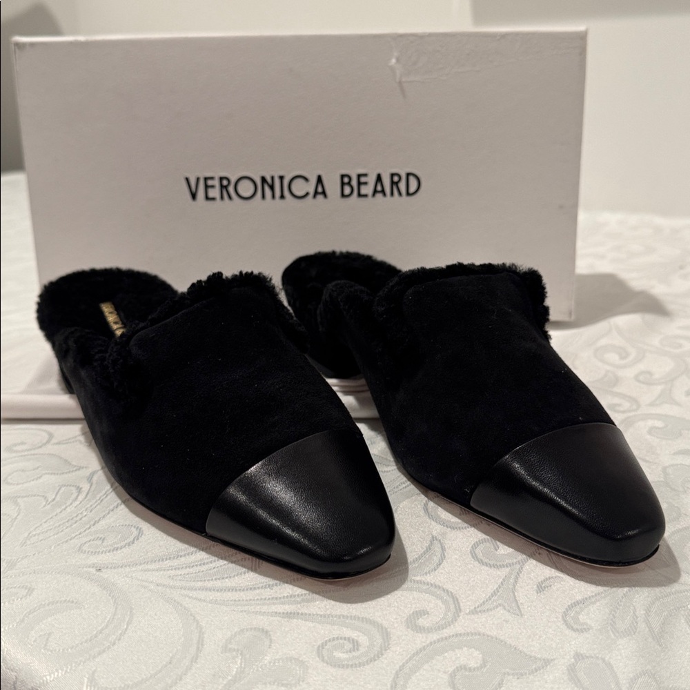 Veronica Beard Black Shearling-Trim Leather Cap-Toe Mules - Picture 7 of 15